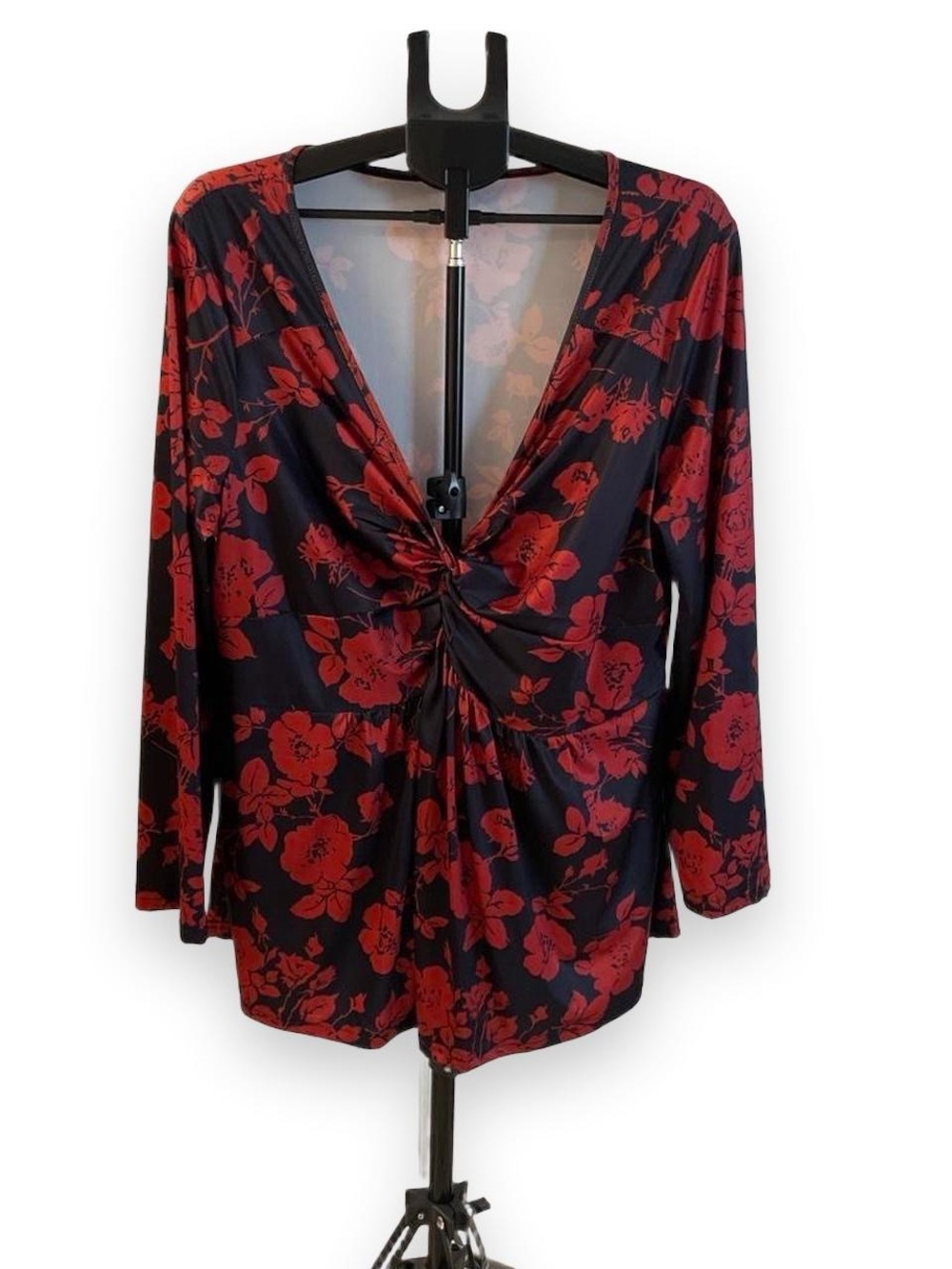 Women's Red Floral Twist-Front Long Sleeve Top